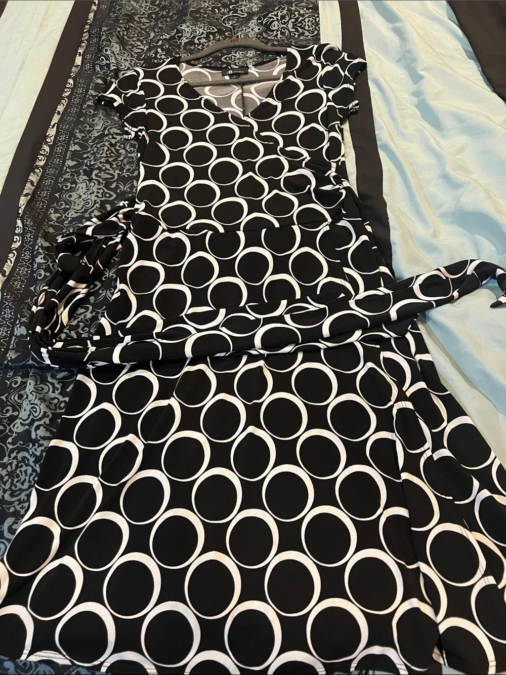 AB Studio Black & White Circle-Print Wrap-Style Midi Dress
